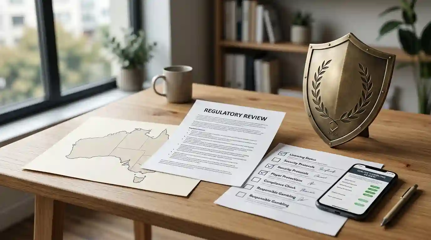 Australian online gambling rules represented by a shield, document and compliance checklist
