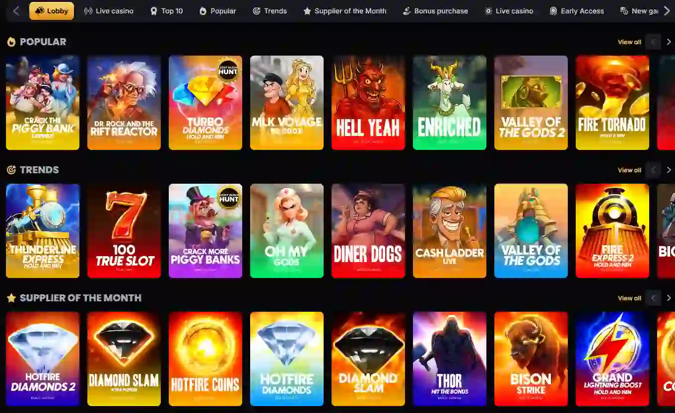 Lucky Block casino lobby with game categories, pokies and provider navigation