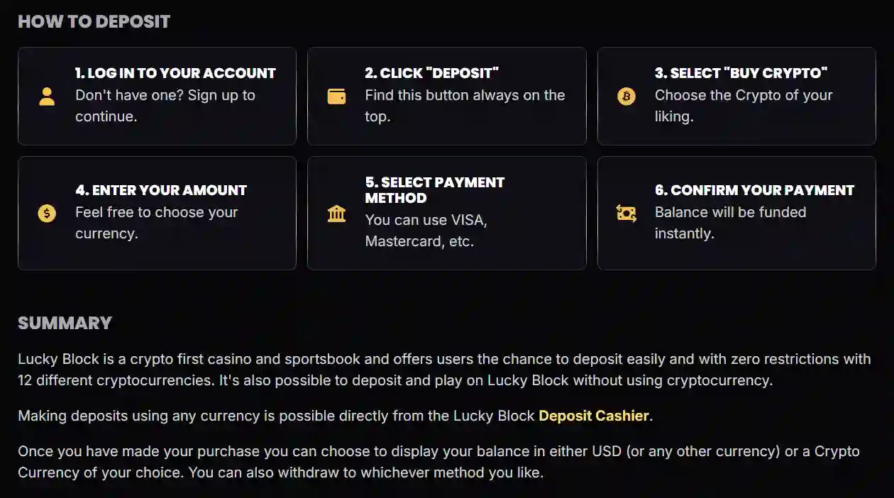 Lucky Block wallet and payment help showing cryptocurrency deposit options